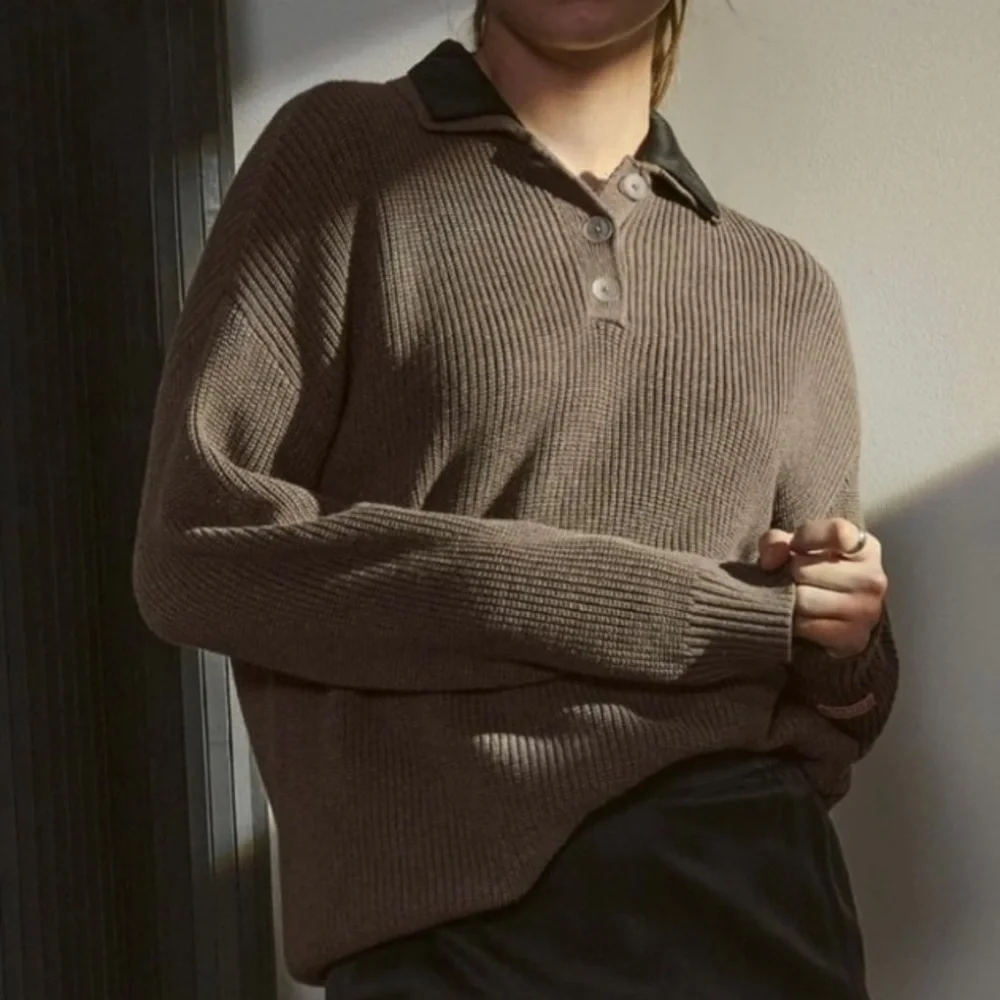 Lunya Cozy Cotton Silk Polo Pullover In Botanical Brown Heather L/XL NWT